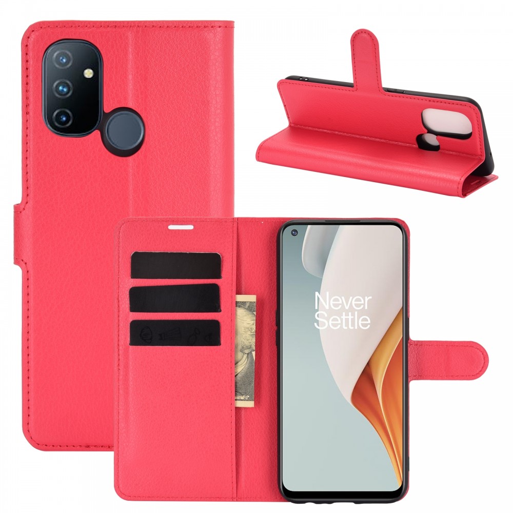 עבור OnePlus Nord N100 כיסוי ארנק / ספר עשוי מעור בצבע אדום עם חריצים לכרטיסי אשראי