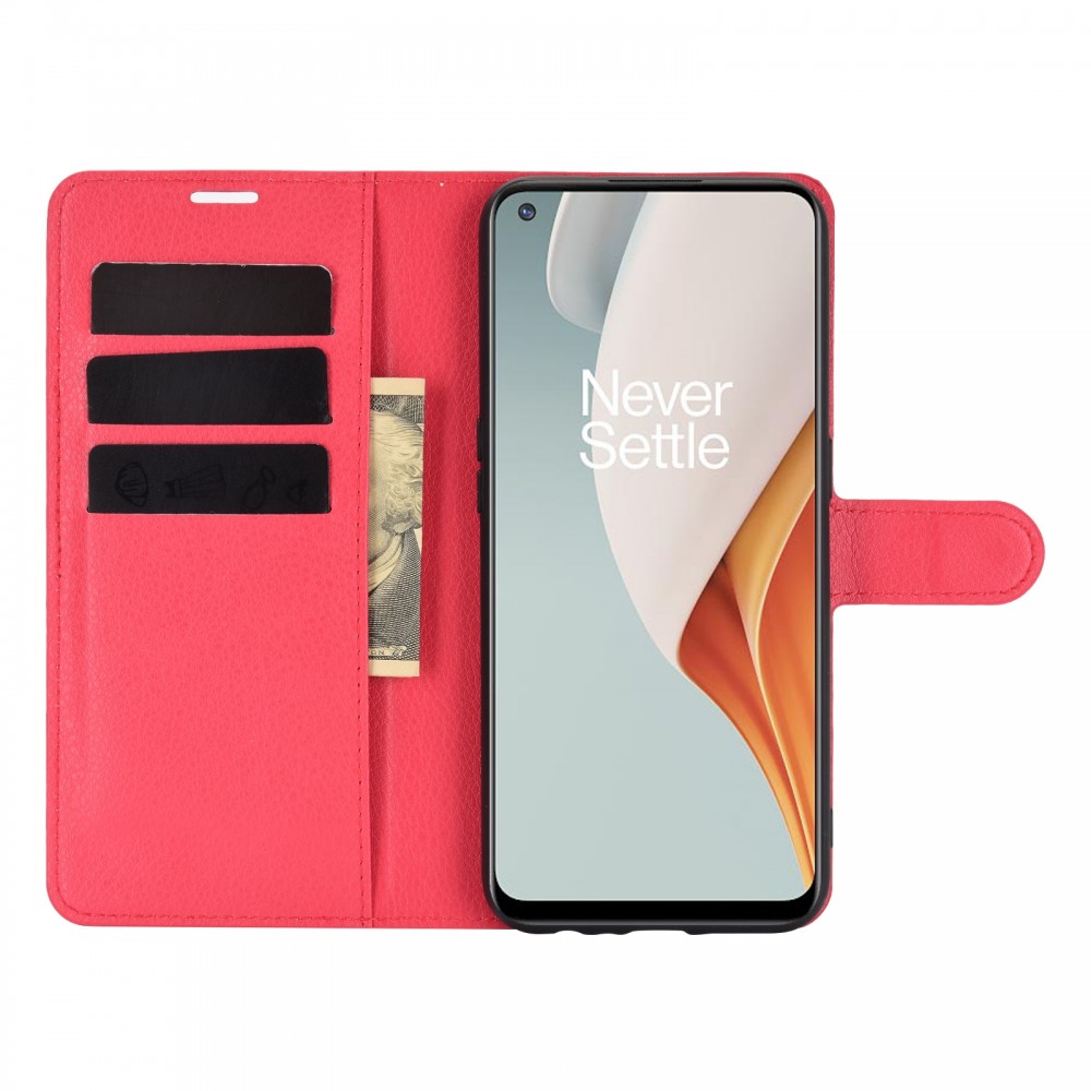 עבור OnePlus Nord N100 כיסוי ארנק / ספר עשוי מעור בצבע אדום עם חריצים לכרטיסי אשראי