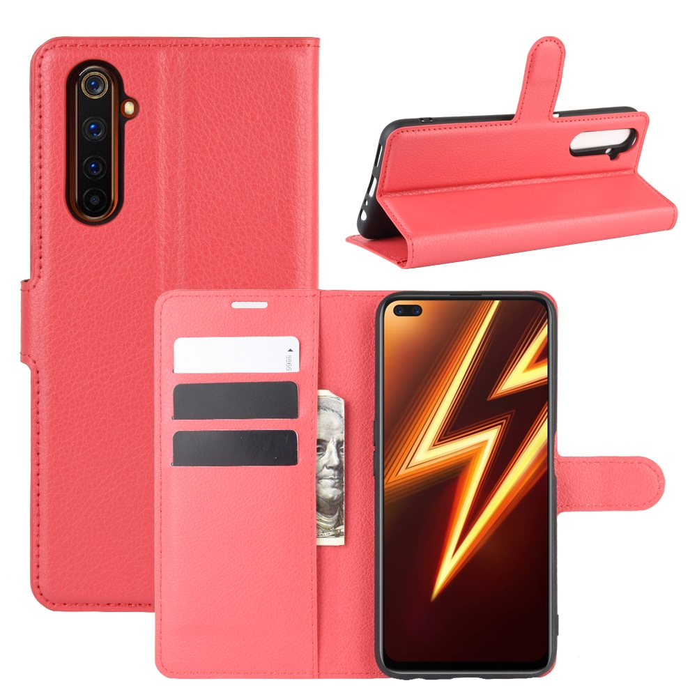 עבור Realme 6 Pro כיסוי ארנק / ספר עשוי מעור בצבע אדום עם חריצים לכרטיסי אשראי
