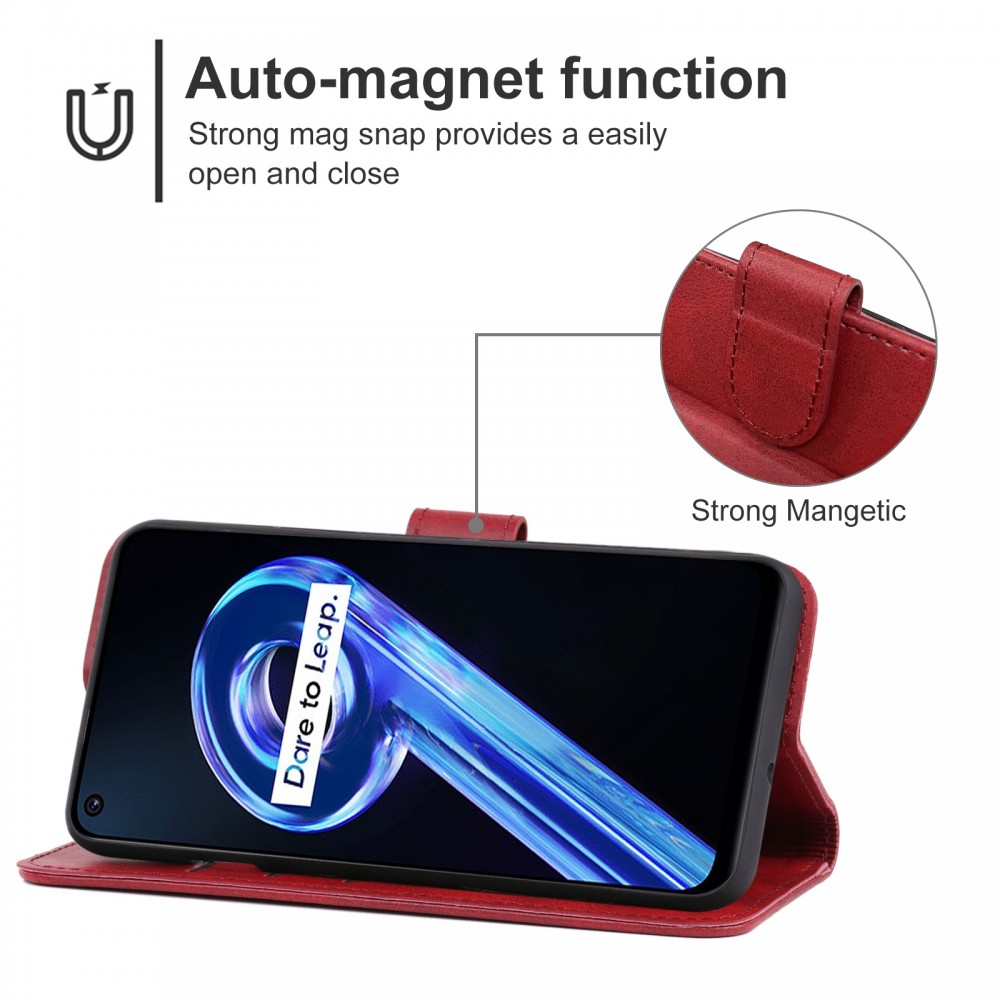 עבור Realme 9 5G כיסוי ארנק / ספר עשוי מעור בצבע אדום עם חריצים לכרטיסי אשראי