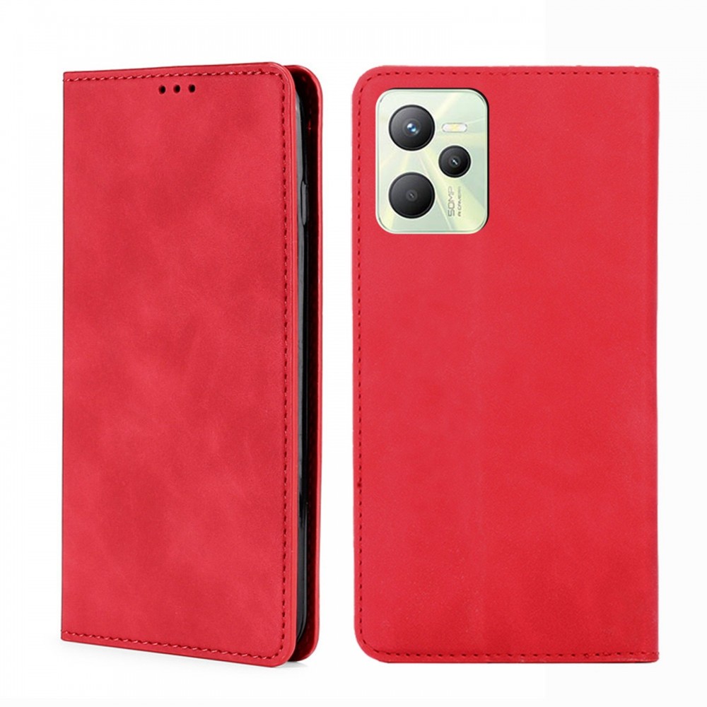 עבור Realme C35 כיסוי ארנק / ספר עשוי מעור בצבע אדום עם חריצים לכרטיסי אשראי