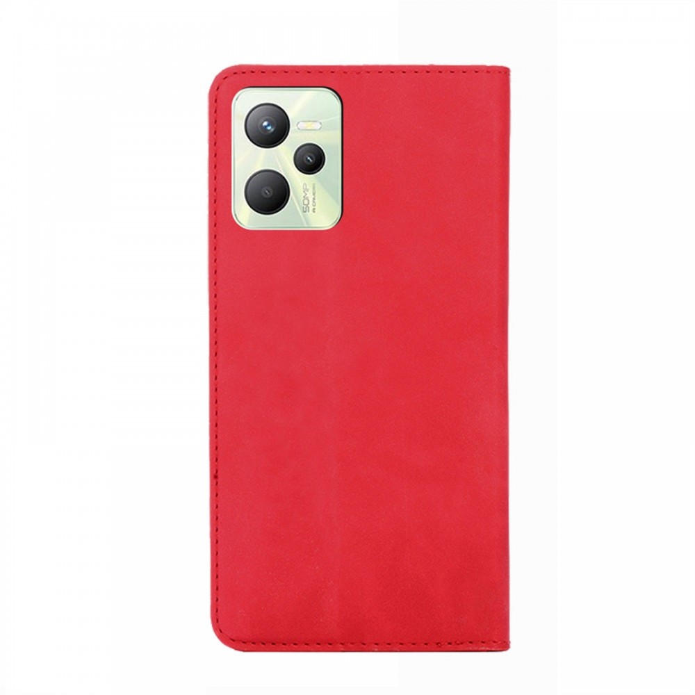 עבור Realme C35 כיסוי ארנק / ספר עשוי מעור בצבע אדום עם חריצים לכרטיסי אשראי