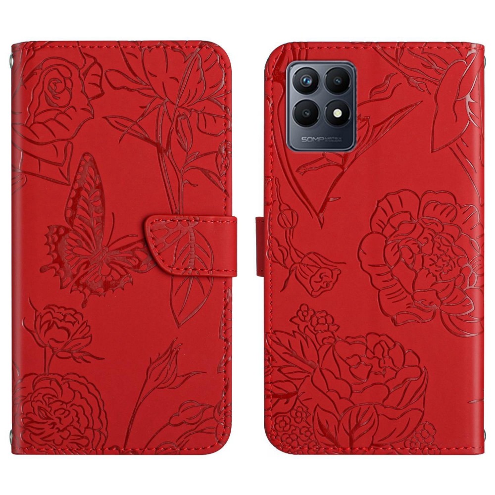 עבור Realme Narzo 50 כיסוי ארנק / ספר עשוי מעור בצבע אדום עם חריצים לכרטיסי אשראי