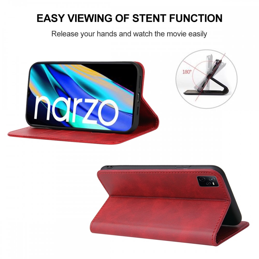 עבור Realme Narzo 50A Prime כיסוי ארנק / ספר עשוי מעור בצבע אדום עם חריצים לכרטיסי אשראי