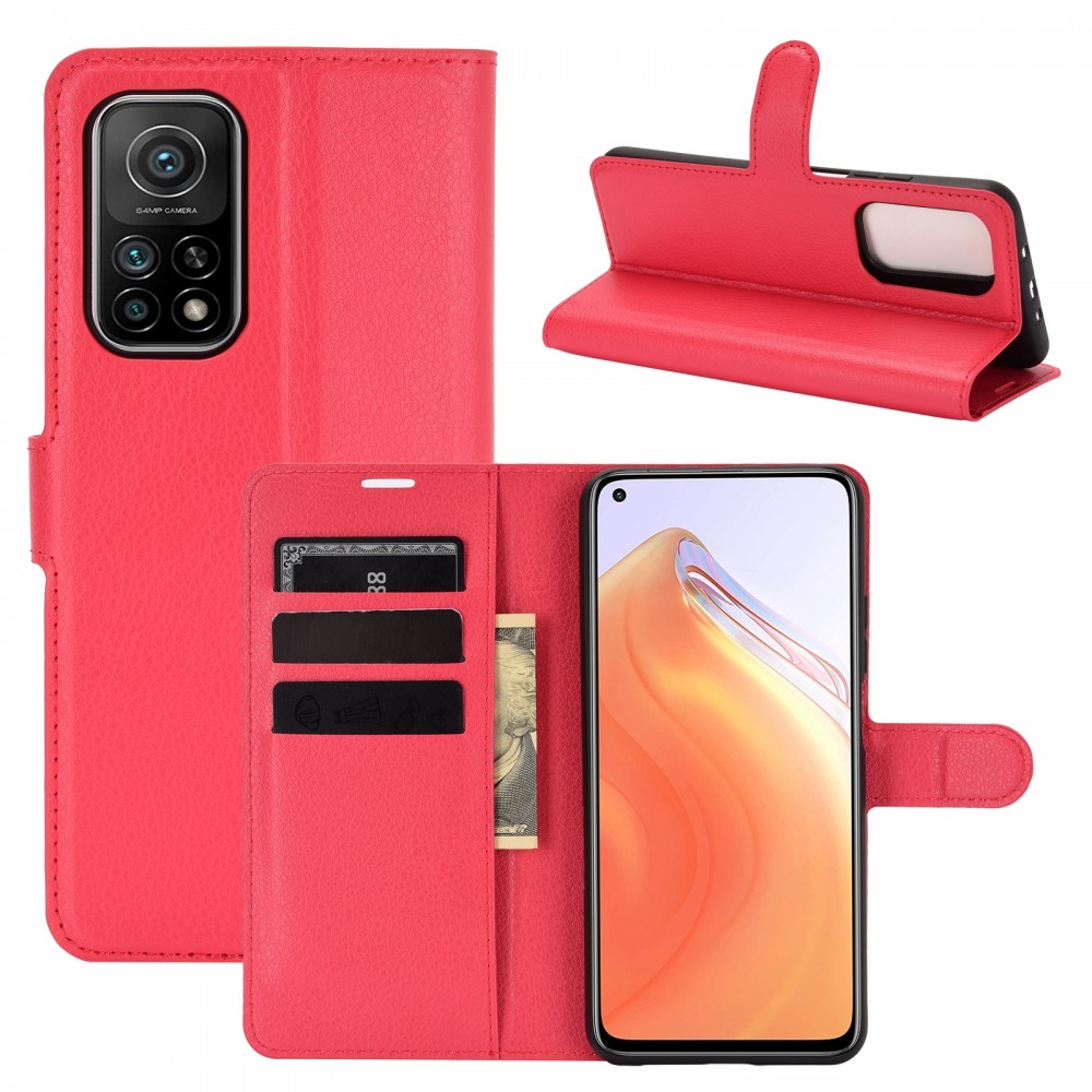 עבור Xiaomi Mi 10T 5G כיסוי ארנק / ספר עשוי מעור בצבע אדום עם חריצים לכרטיסי אשראי