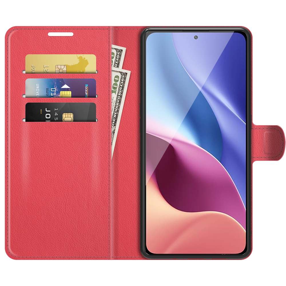 עבור Xiaomi Poco F3 כיסוי ארנק / ספר עשוי מעור בצבע אדום עם חריצים לכרטיסי אשראי