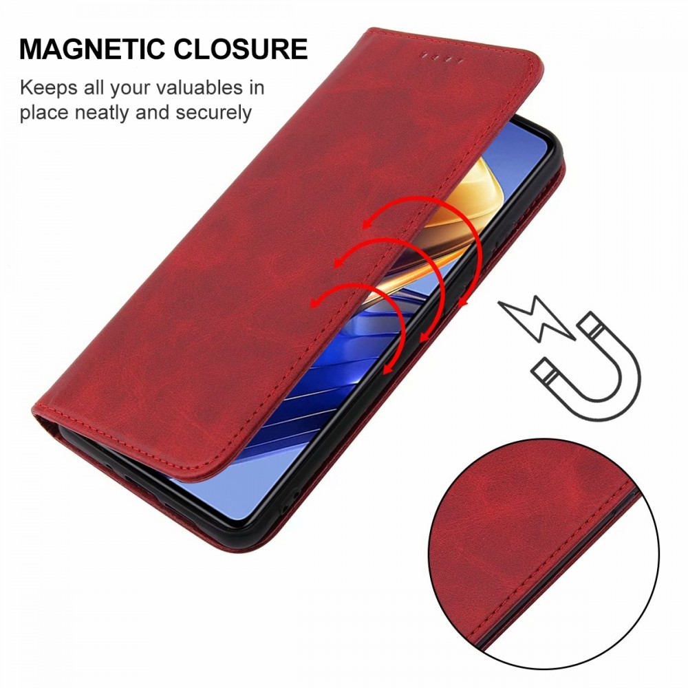 עבור Xiaomi Poco F4 GT כיסוי ארנק / ספר עשוי מעור בצבע אדום עם חריצים לכרטיסי אשראי