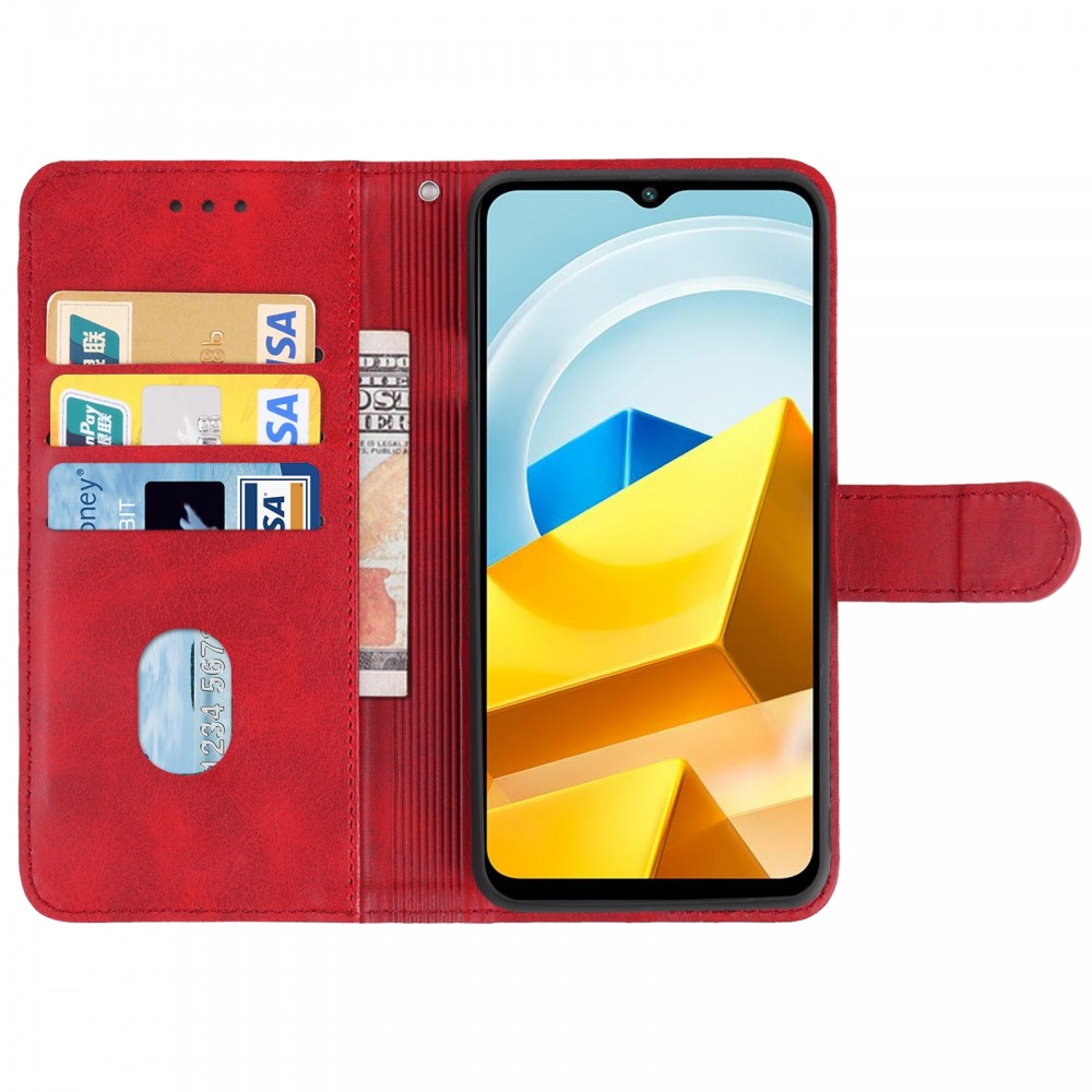 עבור Xiaomi Poco M5 כיסוי ארנק / ספר עשוי מעור בצבע אדום עם חריצים לכרטיסי אשראי