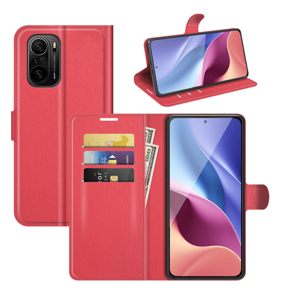 עבור Xiaomi Redmi K40 Pro כיסוי ארנק / ספר עשוי מעור בצבע אדום עם חריצים לכרטיסי אשראי