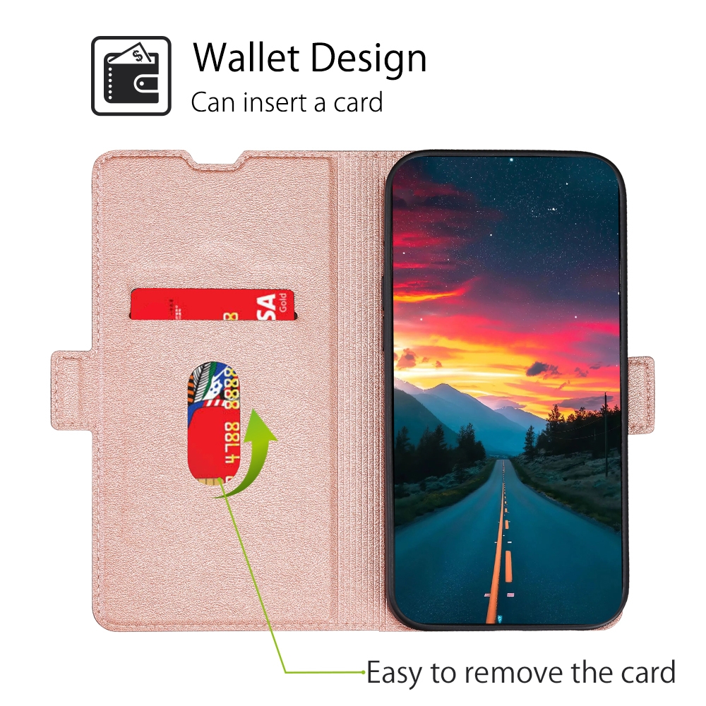 עבור Oppo A17k כיסוי ארנק / ספר עשוי מעור בצבע זהב ורד עם חריצים לכרטיסי אשראי