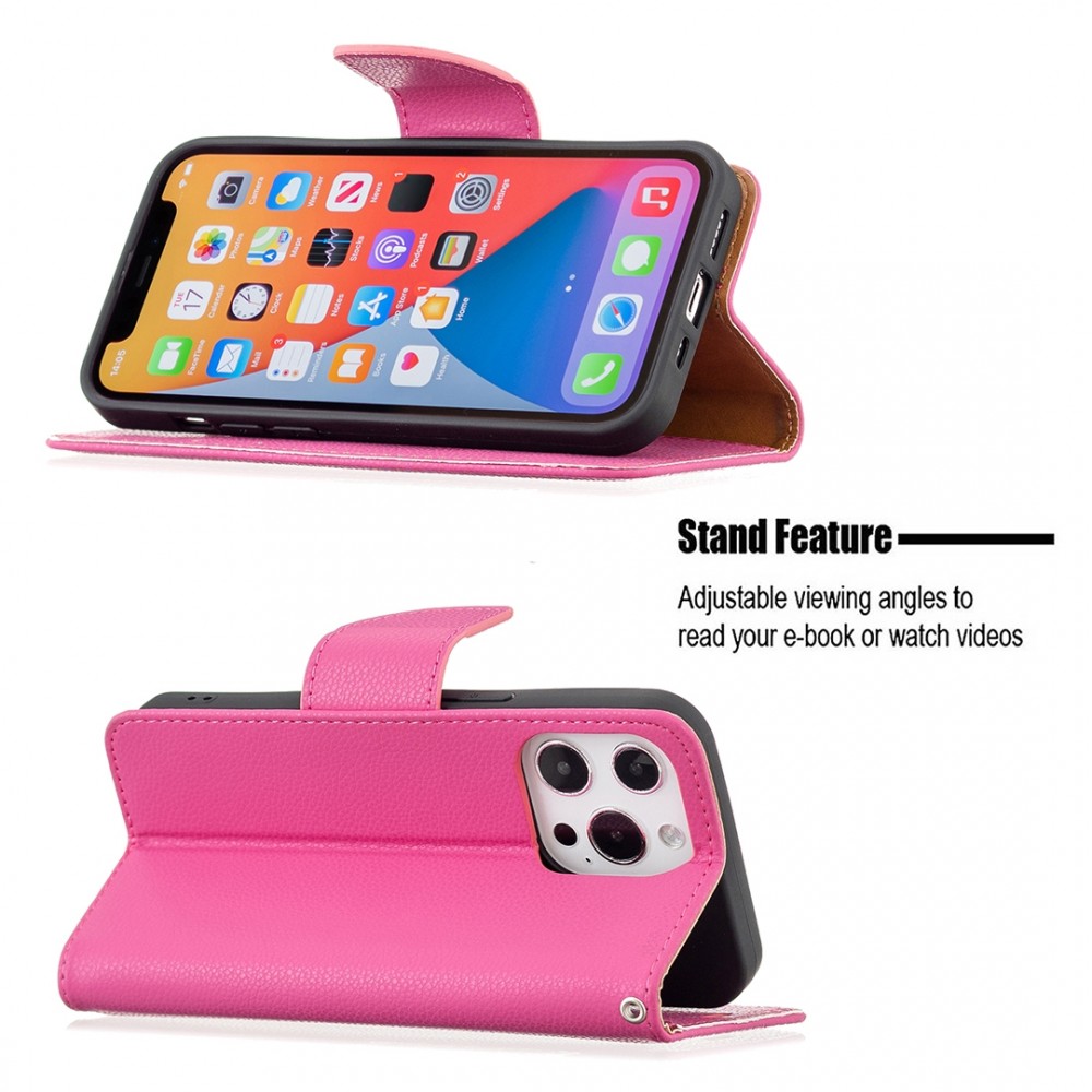 עבור Apple iPhone 13 Pro כיסוי ארנק / ספר עשוי מעור בצבע אדום ורד עם חריצים לכרטיסי אשראי