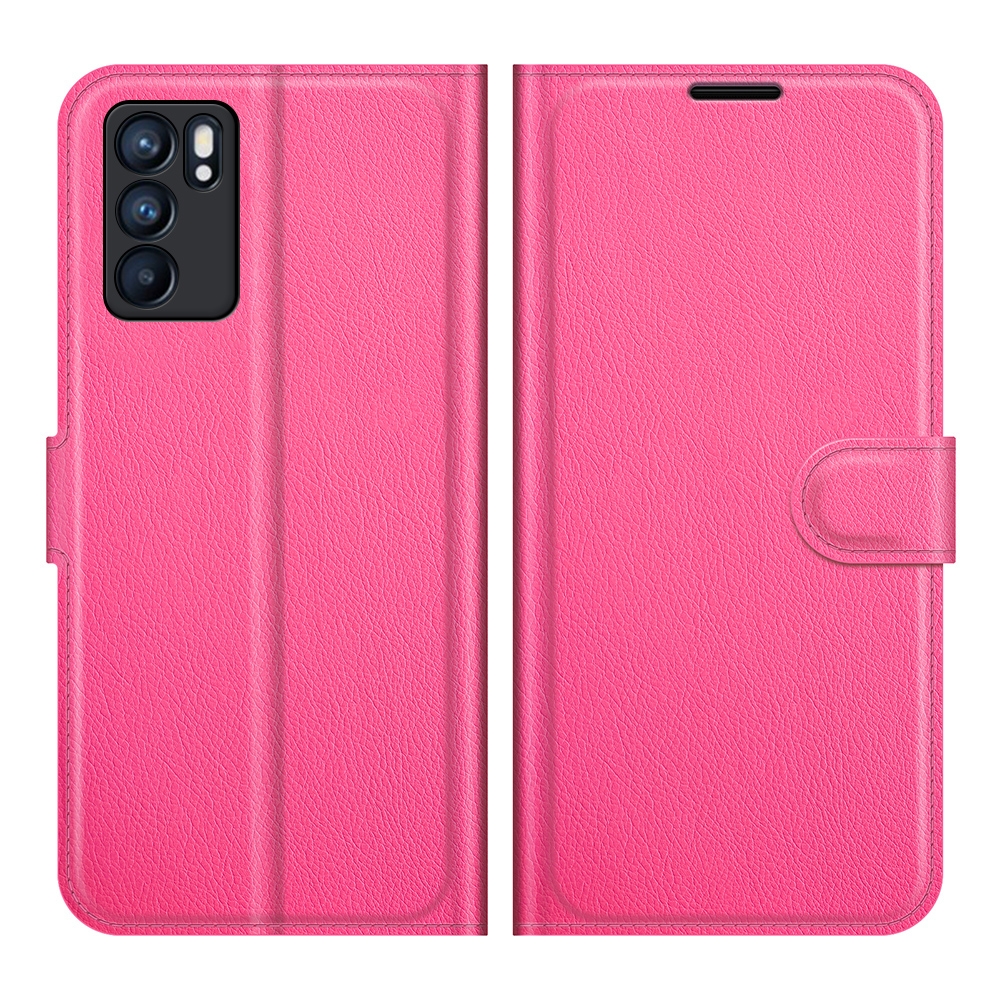 עבור Oppo Reno6 5G כיסוי ארנק / ספר עשוי מעור בצבע אדום ורד עם חריצים לכרטיסי אשראי