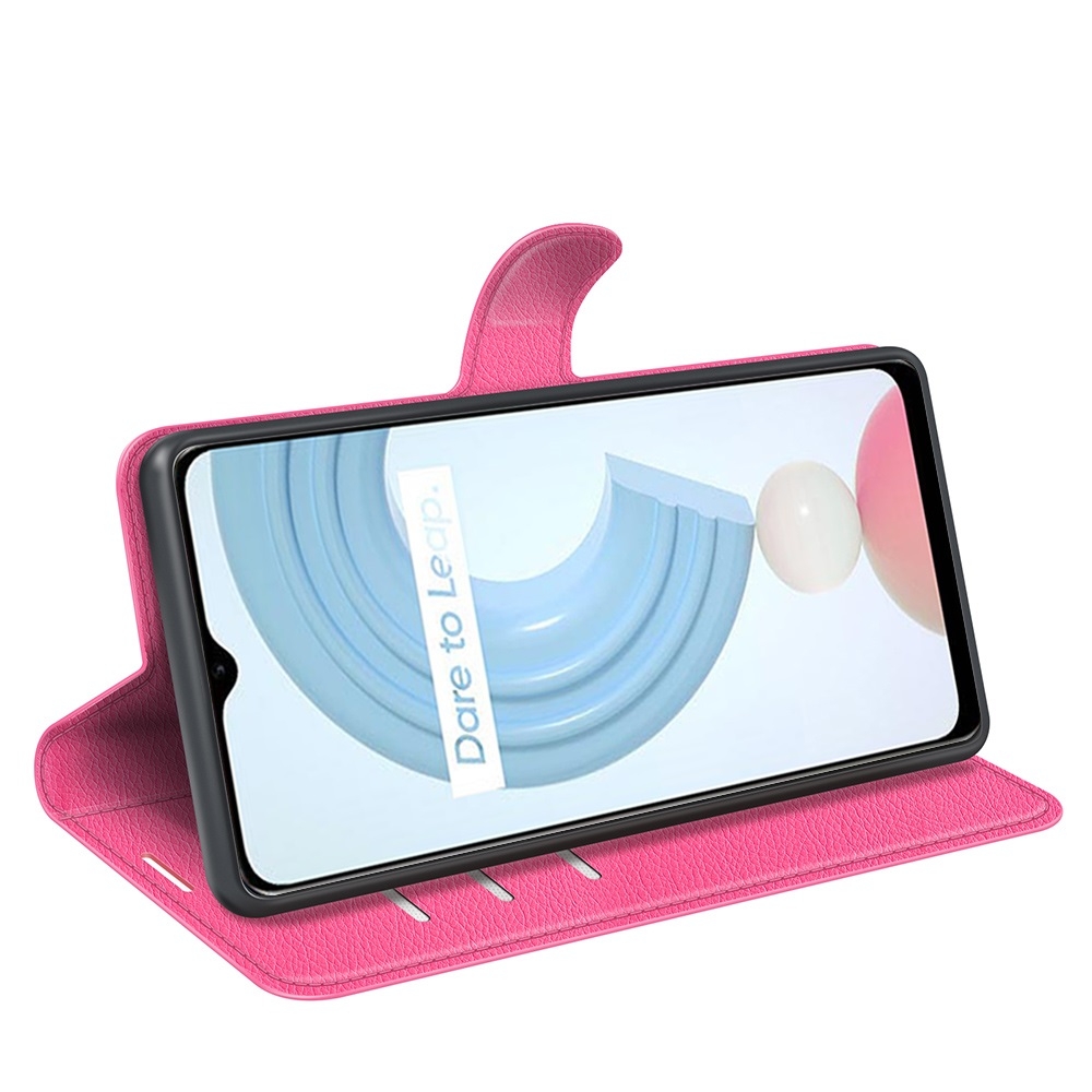עבור Realme C21Y כיסוי ארנק / ספר עשוי מעור בצבע אדום ורד עם חריצים לכרטיסי אשראי