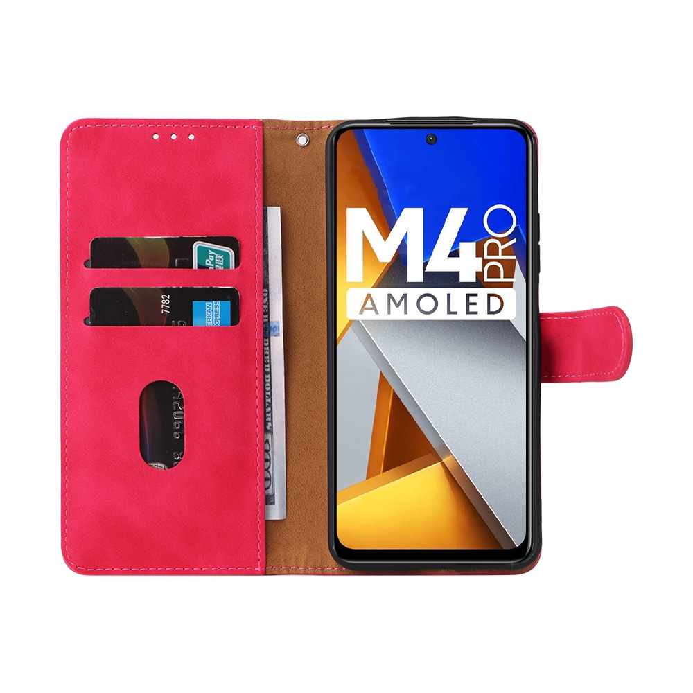 עבור Xiaomi Poco M4 Pro כיסוי ארנק / ספר עשוי מעור בצבע אדום ורד עם חריצים לכרטיסי אשראי