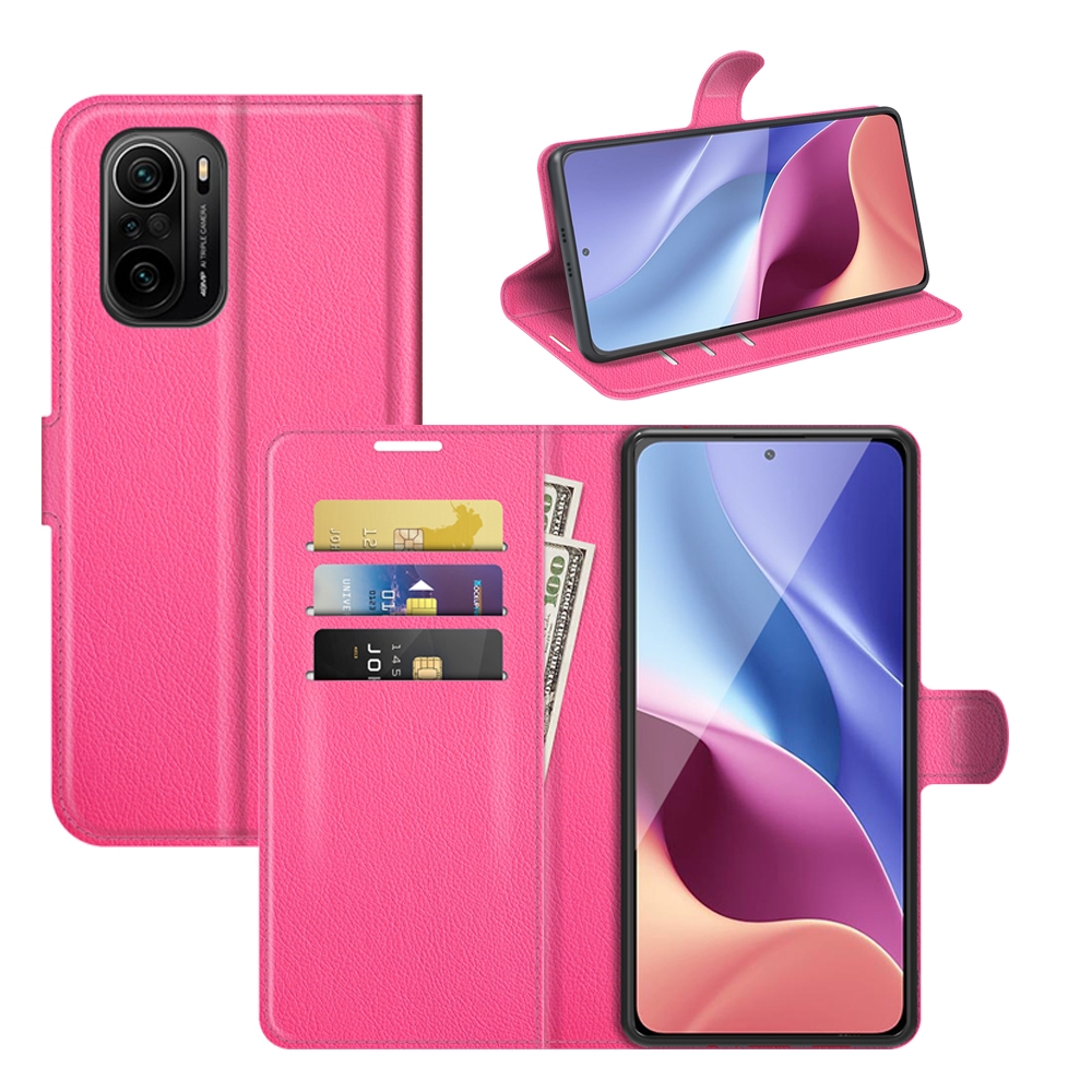 עבור Xiaomi Redmi K40 Pro כיסוי ארנק / ספר עשוי מעור בצבע אדום ורד עם חריצים לכרטיסי אשראי