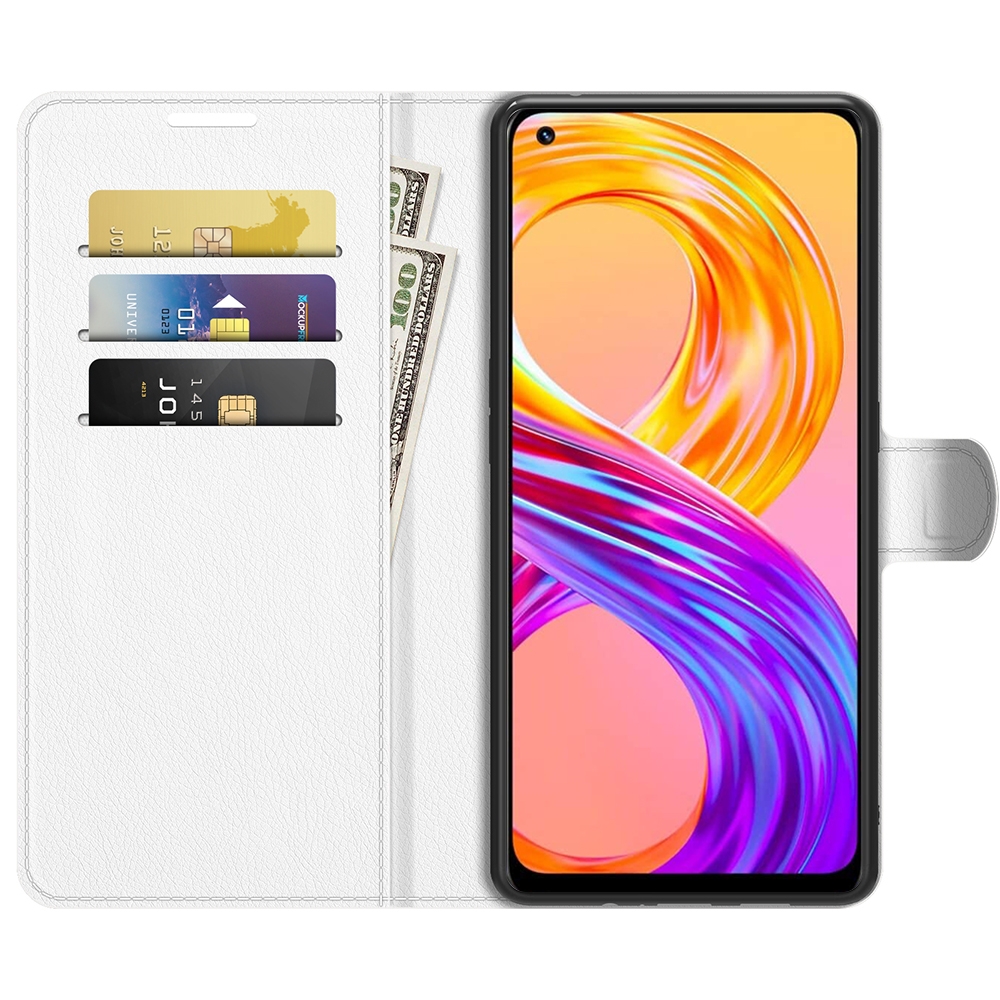 עבור Realme 8 Pro כיסוי ארנק / ספר עשוי מעור בצבע לבן עם חריצים לכרטיסי אשראי