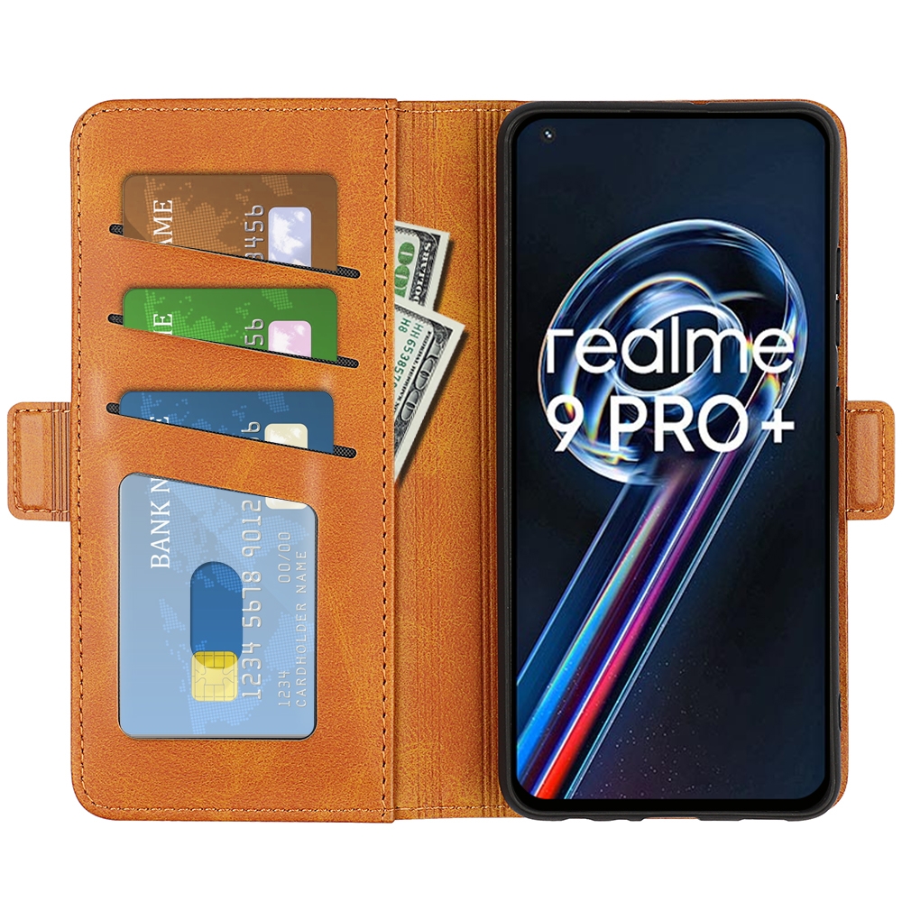 עבור Realme 9 Pro+ כיסוי ארנק / ספר עשוי מעור בצבע צהוב עם חריצים לכרטיסי אשראי