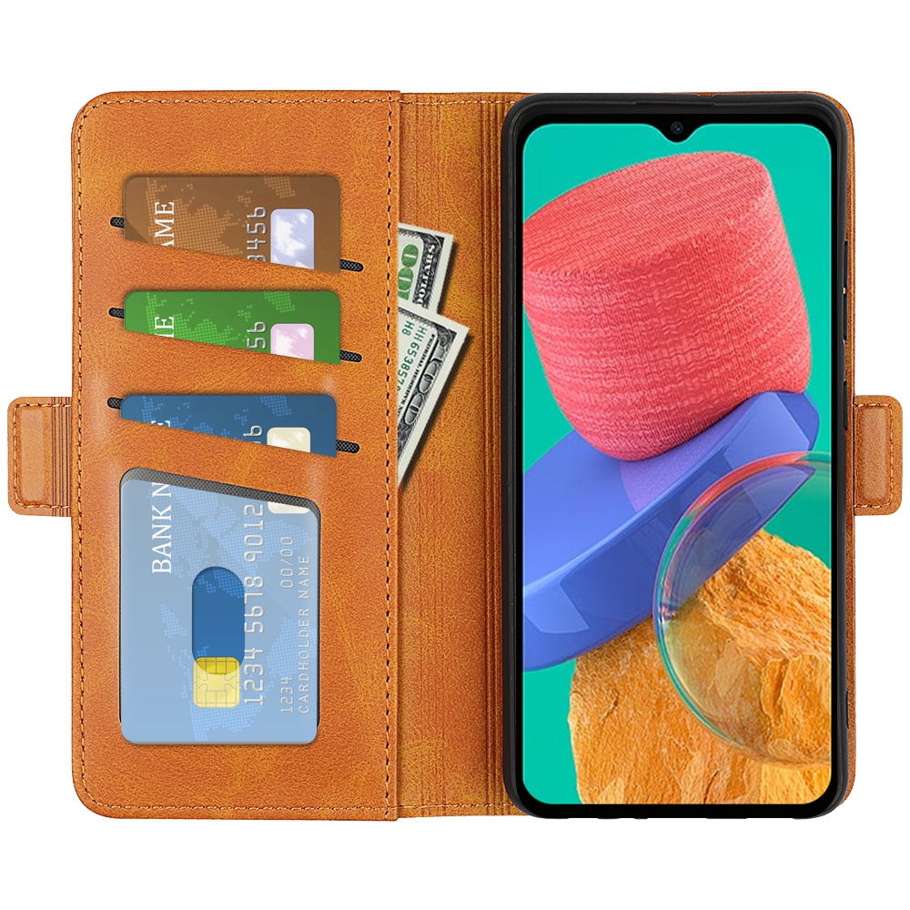 עבור Samsung Galaxy M33 כיסוי ארנק / ספר עשוי מעור בצבע צהוב עם חריצים לכרטיסי אשראי